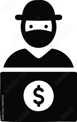 Cybercriminal hacker with a dollar sign on laptop, symbolizing financial crime and online theft