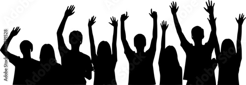 Students raising hands in classroom silhouette
