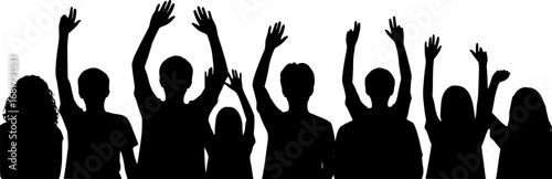 Students raising hands in classroom silhouette
