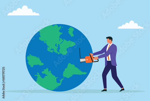 Vector illustration of a businessman cutting the globe with a chainsaw, symbolizing global destruction, environmental crisis, human impact, and ecological damage
