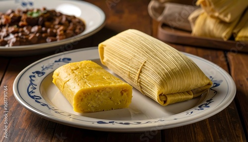 A close-up view of a plate containing a piece of yellow cornmeal dish and a traditional tamale, both with a warm, inviting aesthetic.