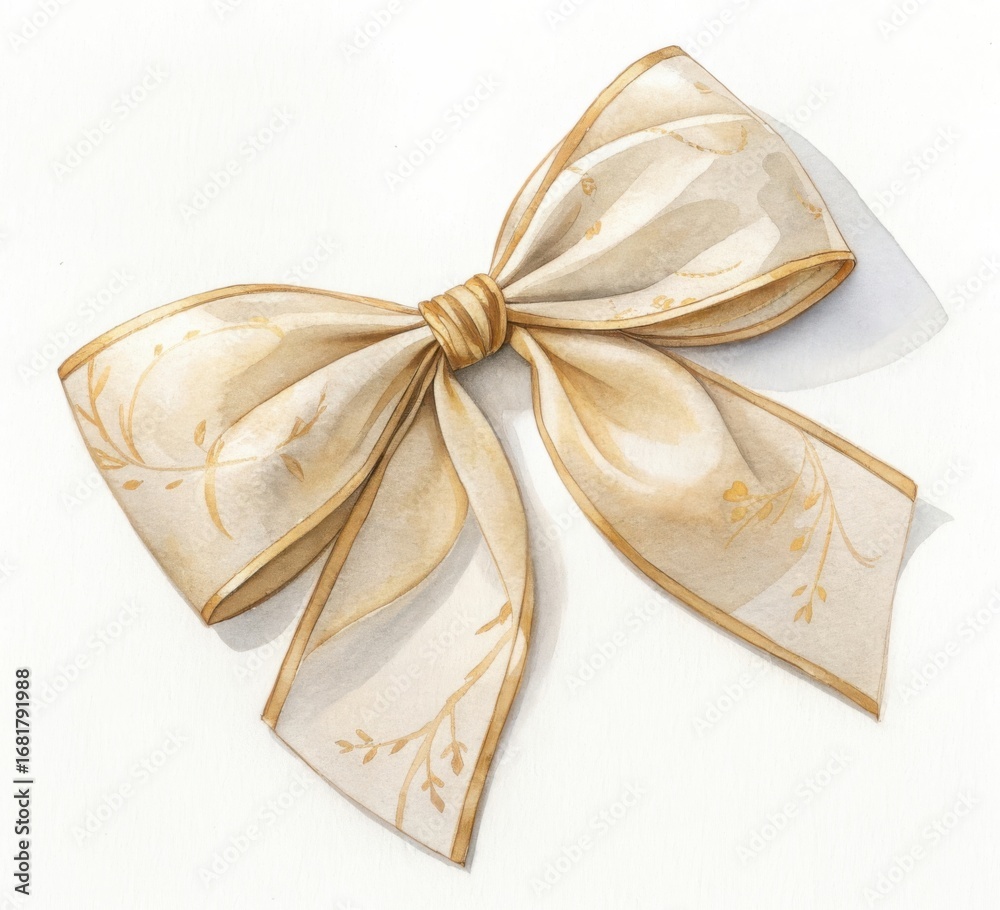 © Khadiza - Elegant cream and gold patterned ribbon bow isolated on white background © Khadiza - Elegant cream and gold patterned ribbon bow isolated on white background
