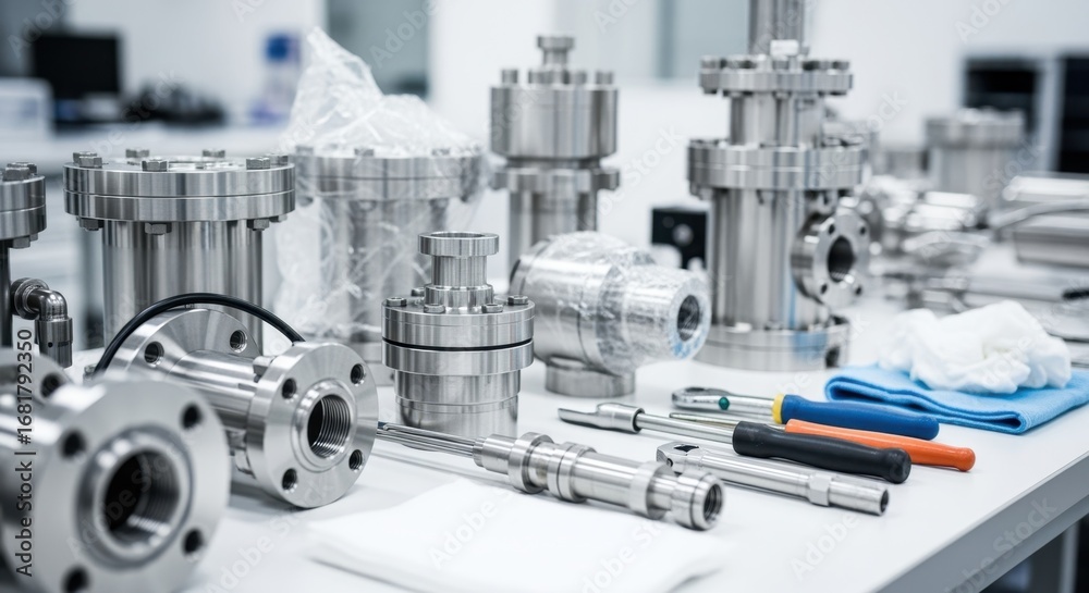 Fototapeta premium Detailed view of stainless steel cryopump parts laid out on a cleanroom bench ready for installation into an ultrahighvacuum system.
