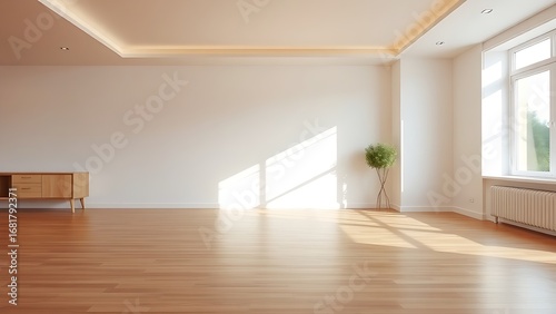 Minimalist living space with wooden floors and white walls, embodying serene modern design.