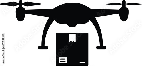 A silhouette of a drone carrying a package suggesting delivery service on a white background view