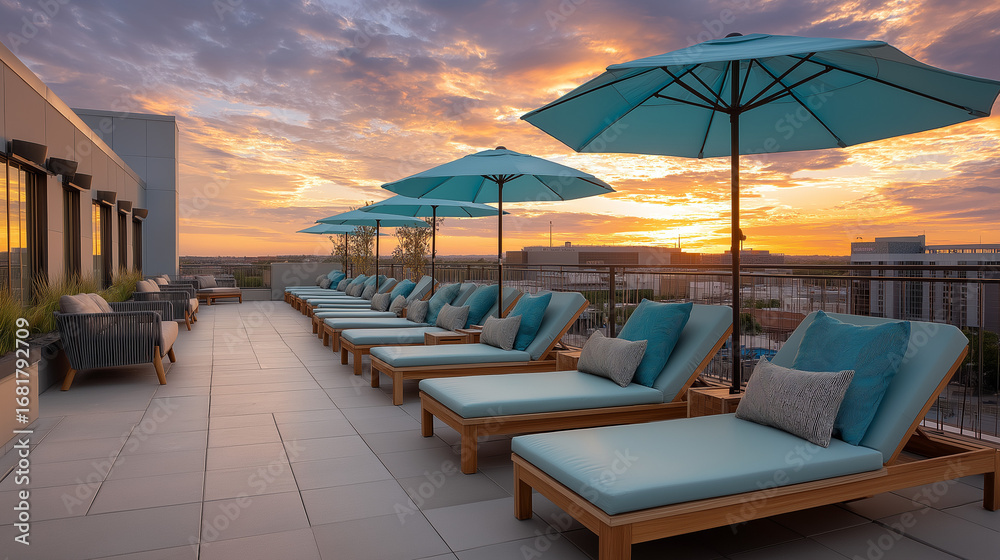 Fototapeta premium Sunrise over Rooftop Deck with Loungers and Umbrellas, Luxury Outdoor Relaxation Space, Scenic Urban Terrace, Leisure and Vacation Lifestyle