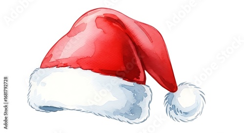 Watercolor illustration of a santa hat with red fabric and white fur on a white background