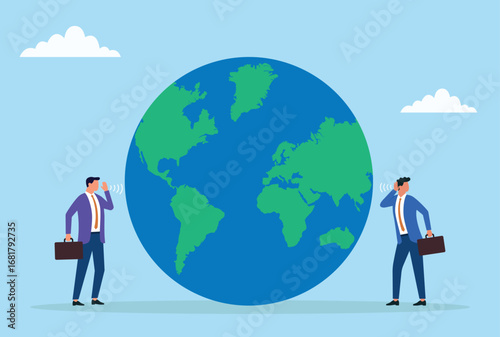 Vector illustration of two businessmen communicating across a large globe, symbolizing global connection, international business, worldwide communication, and teamwork
