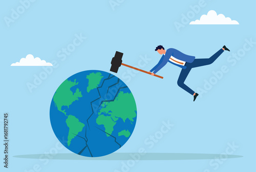 Vector illustration of a businessman cracking a globe with a hammer symbolizing global disruption, aggressive business impact, or breaking international barriers
