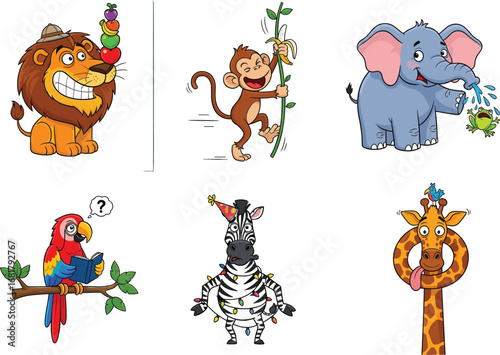 Cute jungle animal cartoon characters including lion, monkey, elephant, parrot, zebra, and giraffe, perfect for children’s books, design, education.