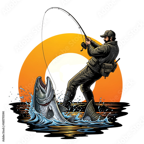 Illustration of fisherman catching a large salmon fish jumping out of water with splash, casting fishing rod during sunset isolated on transparent background