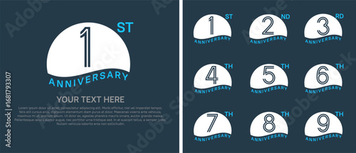 logo anniversary set. white color with half circle on blue background for special event
