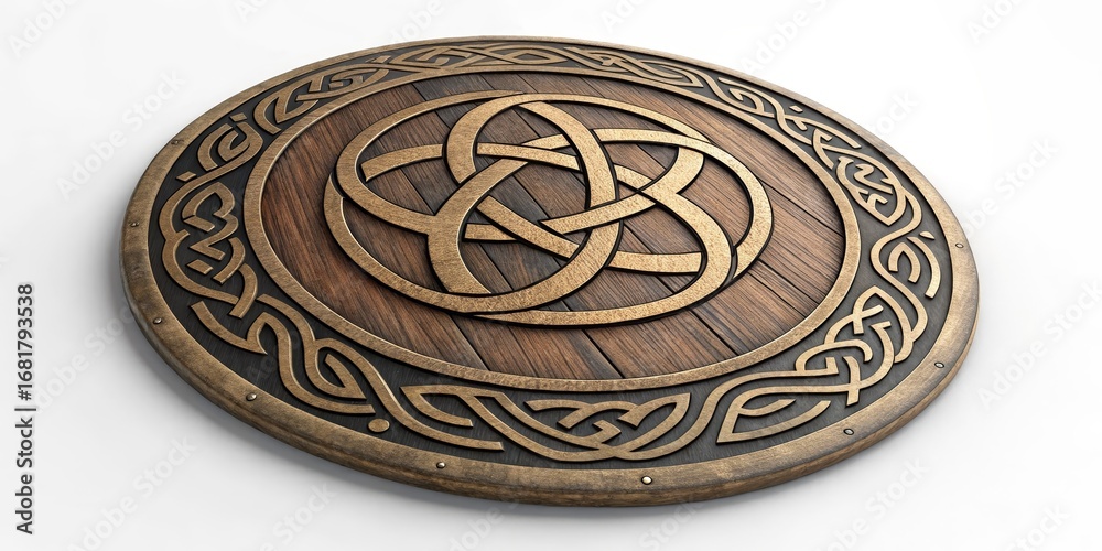 Fototapeta premium Circular Wooden Shield with Celtic Knot Design, 3D Render, Viking, Mythology Viking Shield, Celtic Knot