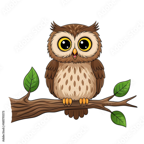 Illustration of cute cartoon owl sitting on a tree branch, isolated on transparent background