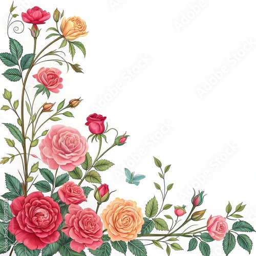Corner Floral Composition Digital Painting of Roses, Butterfly, White Background, Botanical Illustration Roses, Botanical Art