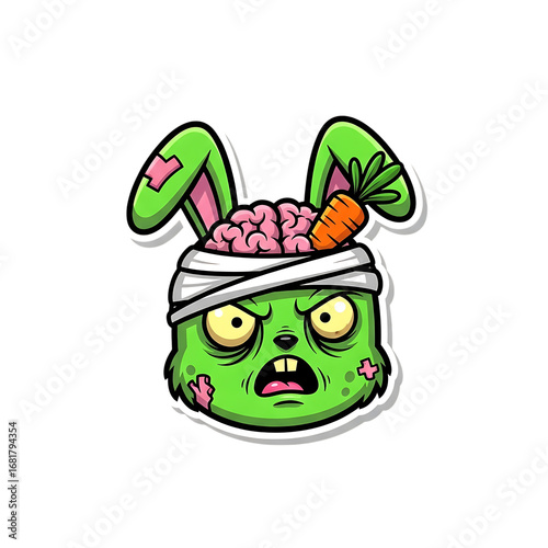 Illustration of a creepy zombie bunny with a carrot in its head, isolated on transparent background