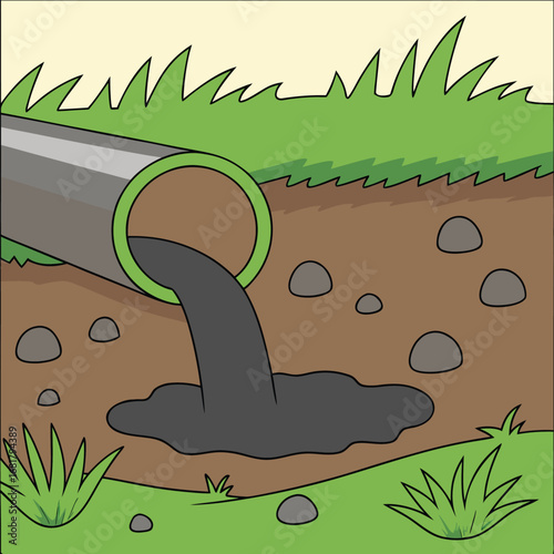 Vector art of pollution from a pipe pouring dark sludge into the ground, illustrating environmental contamination and waste disposal