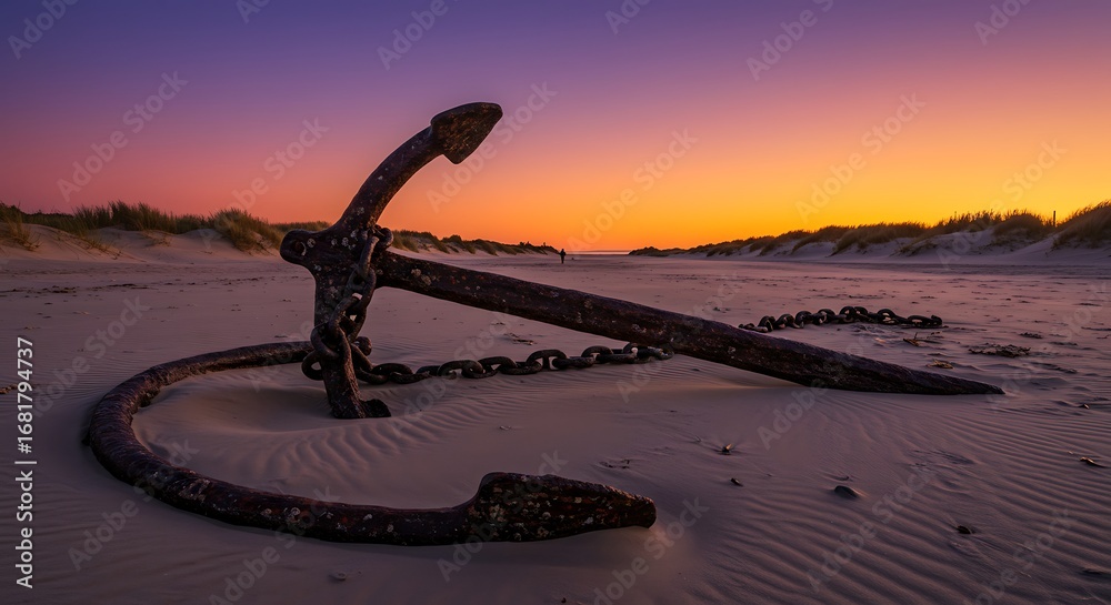 Fototapeta premium Forgotten giant, a rusty anchor at twilight reveals tales of maritime history