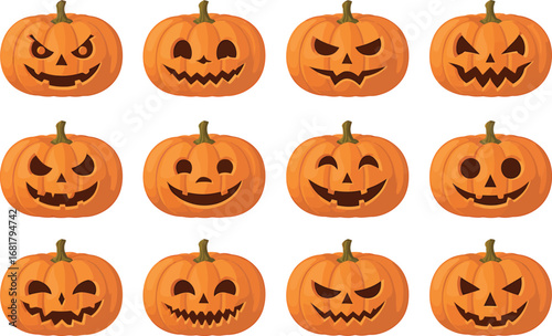 Collection of twelve carved halloween pumpkins with spooky faces arranged in a grid