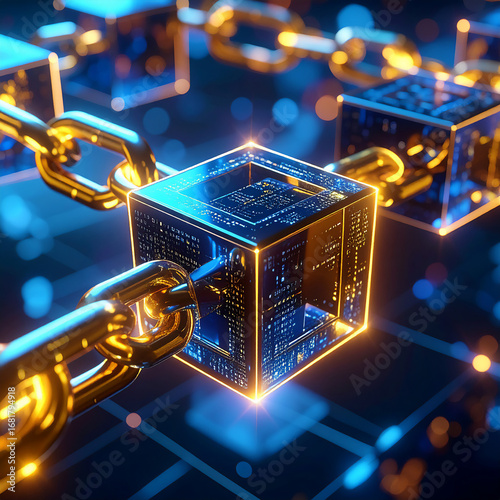 Close-up of digital blockchain cubes linked by glowing chains