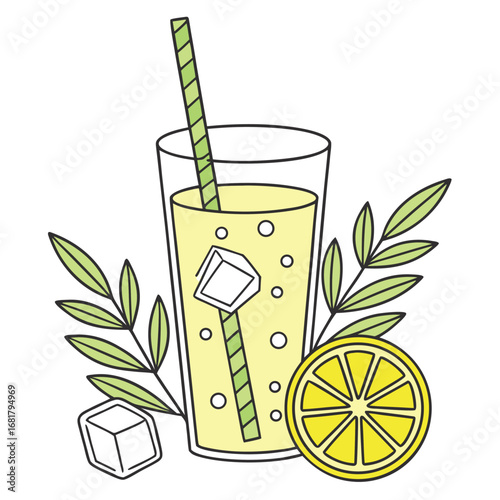 Vector art of refreshing yellow lemonade in a tall glass with ice cubes, a green striped straw, and a lemon slice