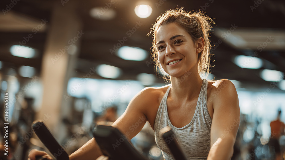 Fototapeta premium Smiling woman works out on a stationary bike in the gym, embodying fitness and wellness.