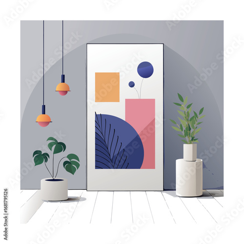 White Wall with Vertical Poster Mockup and Sculpture