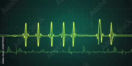 A medical pulse cardiogram displaying a green heart rate wave on a monitor, representing a healthy heartbeat