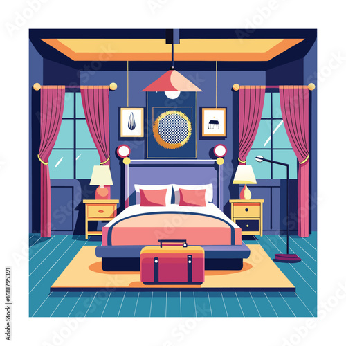 Chic Hotel Suite Interior with Bed Side Lamps and Artwork