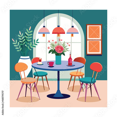 Dining Space with Round Table Chairs and Fresh Flowers