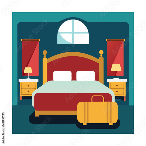 Elegant Hotel Room Interior with Bed and Suitcase