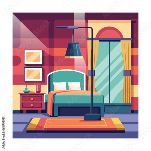 Hotel Interior with Empty Bed and Standing Floor Lamp