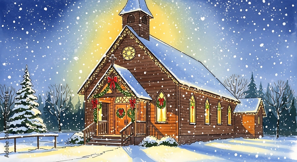 Fototapeta premium A winter scene featuring a snow covered church decorated for christmas with snow falling around it all