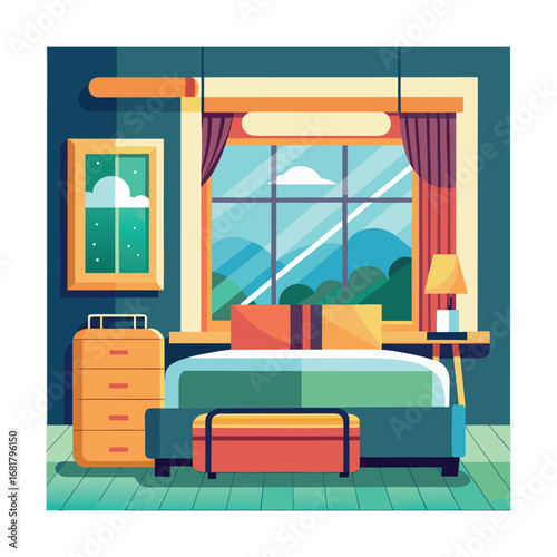 Minimal Hotel Guestroom with Large Suitcase Near Bed