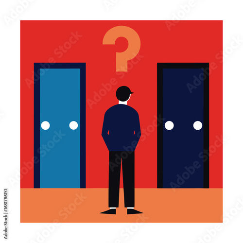 Man Looking at Multiple Doors Representing Uncertainty