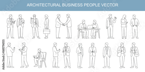 CAD Drawings of Business People Outlines – Vector Illustration Featuring Walking, Standing, and Talking Professionals Isolated on White Background, Perfect for Corporate and Office Design Projects.