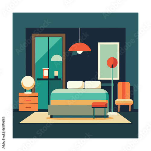 Minimal Hotel Room Design with Bed Pouf and Floor Lamp