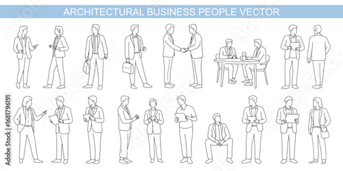 CAD Drawings of Business People Outlines – Vector Illustration Featuring Walking, Standing, and Talking Professionals Isolated on White Background, Perfect for Corporate and Office Design Projects.