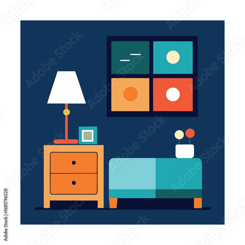 Modern Bedroom with Nightstand Framed Art and Lamp