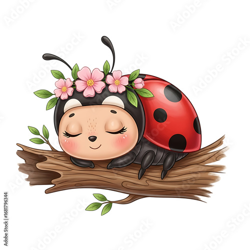 Illustration of cute cartoon ladybug sleeping on a tree branch with a flower crown, isolated on transparent background