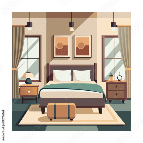 Neutral Hotel Bedroom with Suitcase Near Bedside Table