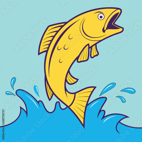 Vector art of a bright yellow cartoon fish leaps energetically out of blue water with splashes, against a light blue background