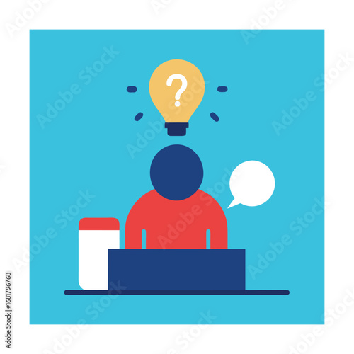 Person Sitting at Desk with Idea Bulb and Question Mark