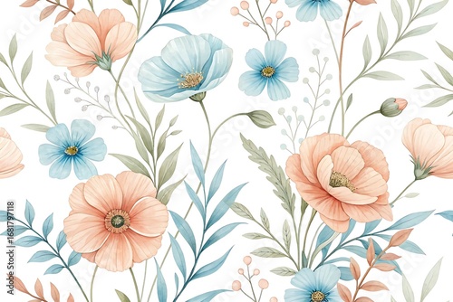 Wallpaper Mural Pastel Poppy & Cosmos Watercolor Floral Pattern – Dreamy Wallpaper Torontodigital.ca