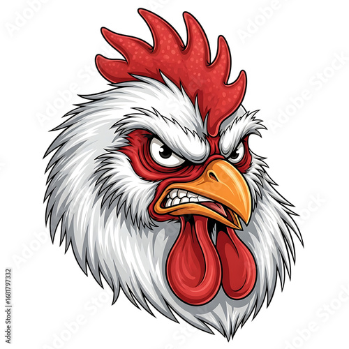 Illustration of aggressive cartoon rooster head with red comb and wattle isolated on transparent background