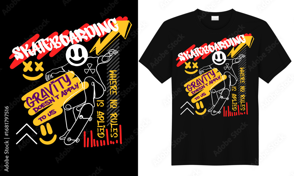Fototapeta premium Black streetwear t-shirt with skateboarding graphic design featuring smiley character, gravity text, and bold artwork