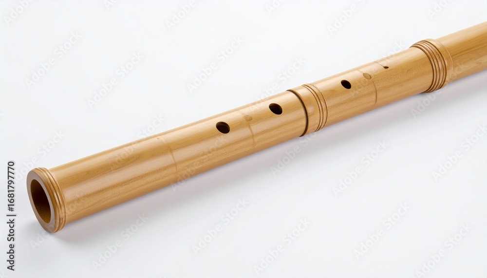 Naklejka premium Traditional Japanese shakuhachi flute—bamboo body, natural wood tone, cylindrical shape, finger holes, flared ends, smooth polished surface, cultural and meditative ambiance.