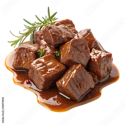 Beef stew cubes with rosemary isolated on transparent background