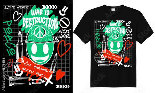 Black streetwear t-shirt with anti-war graphic design featuring peace sign helmet, typography, rockets, and heart art