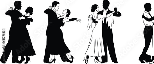 Silhouette of couples ballroom dancing, elegant tango, waltz, classic dance poses, romantic movement, dance partner pose, isolated black illustration